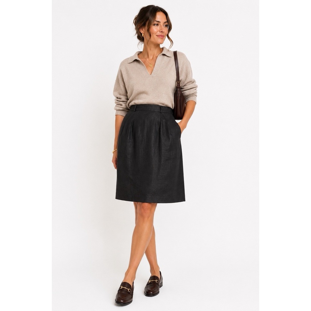 Vtg  Talbots Pleated Linen Skirt 10 Black Lined High Waist Knee Length Hong Kong
